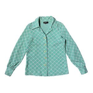 70s vintage plaid pointed collar blouse green notched dagger long sleeve button.